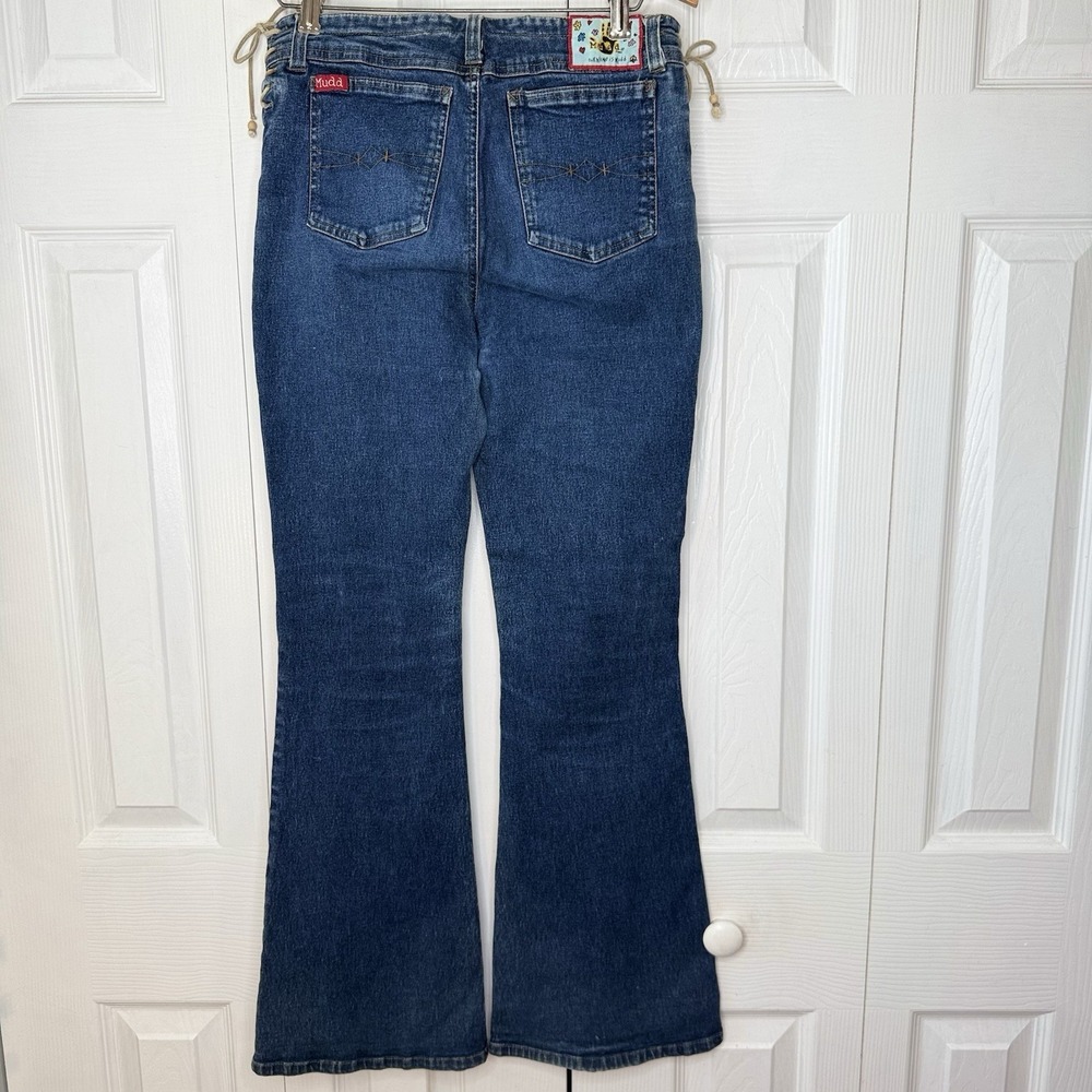 Vtg Y2K Mudd Lace Up Side Flare Jeans Size 16 Blue Dark Wash Boho Festival Bell - Picture 4 of 13
